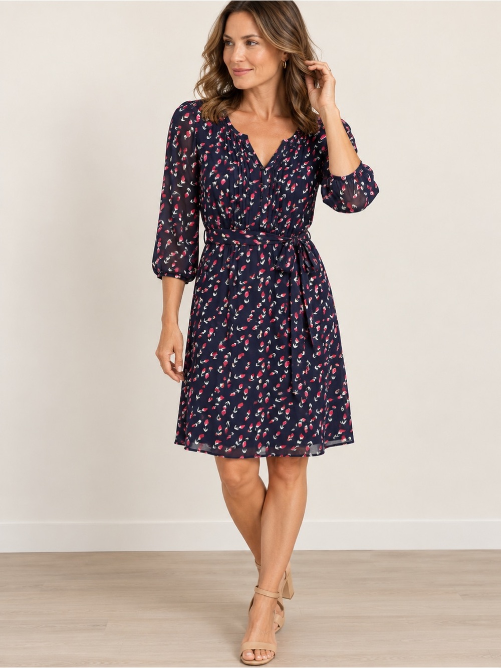 Daniel Rainn Navy Midi Dress with Pink & White Floral Motif